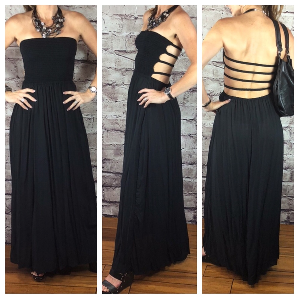 Elan Strapless Smocked Ladder Maxi Dress Black - Picture 2 of 6